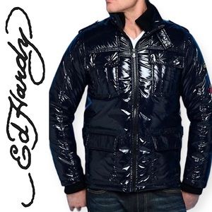 Don Ed Hardy Men’s Glossy Down Puffer Jacket Navy Blue Love Kills Tattoo Graphic